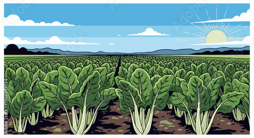 Vast green fields stretch toward distant mountains under a bright, sunny sky