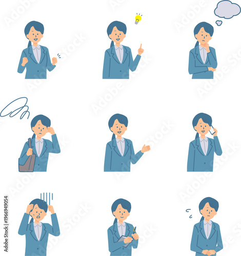 スーツを着た女性の上半身表情セット