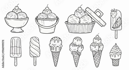Various ice cream treats in a playful line art style