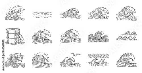 Set of black outline ocean waves featuring different water movements, a surfer, and marine life for graphic design projects and decorative branding.