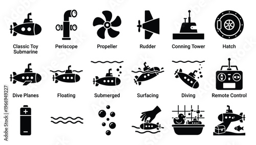 Collection of detailed submarine icons showcasing various parts and actions including periscope propeller rudder conning tower hatch dive planes floating submerged surfacing diving and