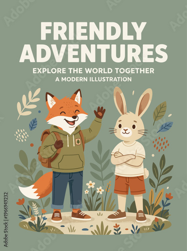 Modern Anthropomorphic Animal Characters Flat Illustration with Typography Background