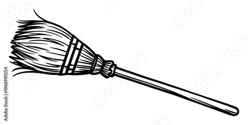Traditional stylized broom sketch in monochrome for crafting supplies, holiday decorations, fantasy storybook graphics, or household chore reminders.