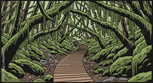 Winding wooden walkway through a moss-covered, misty forest