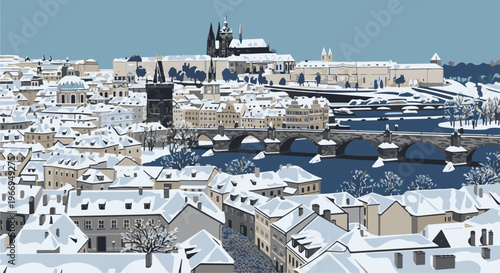 A pixelated winter cityscape with snow-covered roofs and a river
