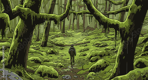 A person walks through a moss-covered forest with low-hanging branches and rocks