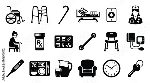 Essential senior care and medical assistance symbols encompassing mobility aids, healthcare equipment, and daily living tools, ideal for educational resources and healthrelated content