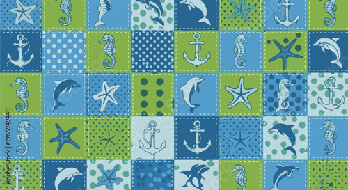 A charming maritime patchwork of sea creatures and anchors