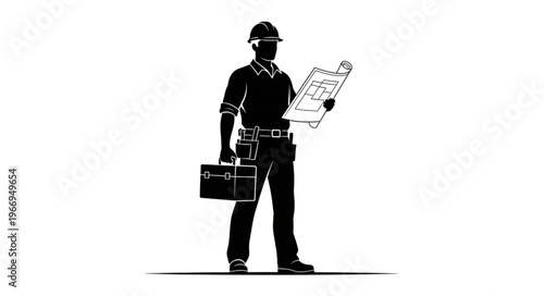Silhouette of a construction worker holding blueprints and a toolbox.