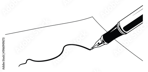 A classic black fountain pen is actively writing a thick, dynamic wavy line across a clean white sheet of paper, perfect for educational materials, business communication, and writing