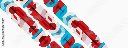 Abstract design features overlapping red, blue text. Diagonal arrangement creates dynamic visual impact. Clean background enhances bold lettering.