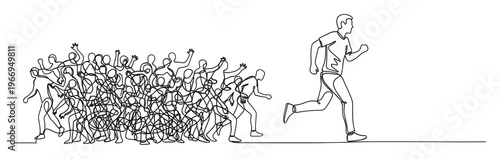 Minimalist continuous line drawing showing a determined runner outpacing a large group of connected figures, ideal for conveying concepts of leadership, innovation, and breaking away from