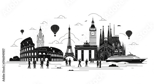 Famous European Landmarks Collage Black and White Illustration.