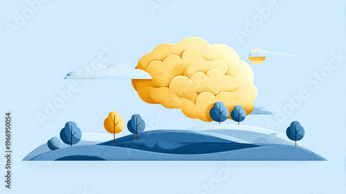 Illustration of a brain floating above a sunny landscape with trees, hills, and a bright sky, symbolizing nature based mental health, balance, and wellbeing