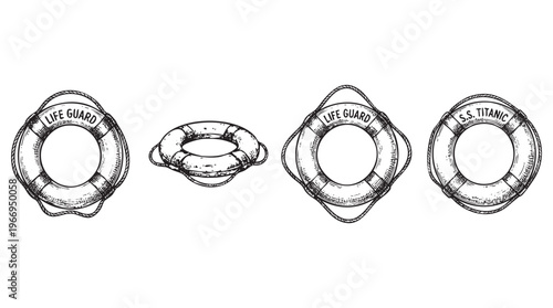 Collection of four hand-drawn life preservers or lifebuoys ink engraving line black png
