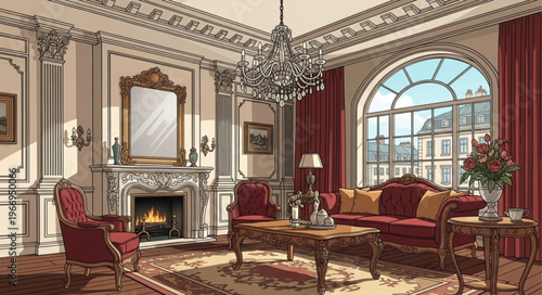 Elegant Victorian living room with fireplace and large window.