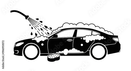 Car Wash Service Icon with Water Spray and Soap Bubbles.