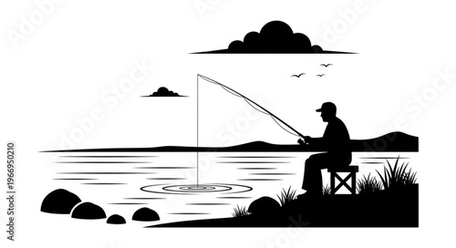 Silhouette of a man fishing by the lake at dawn.