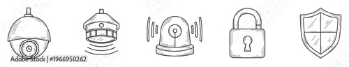 Collection of hand drawn security system icons representing surveillance camera, motion sensor, alert siren, padlock, and shield for various safety related applications