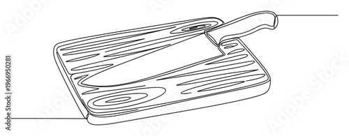 A minimalist continuous line drawing depicting a sharp chefs knife resting on a sturdy wooden cutting board, ideal for food preparation concepts and cooking themed educational materials or