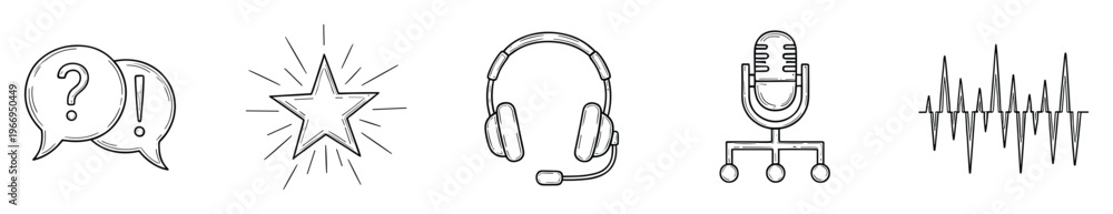 Obraz premium Monochrome hand drawn style icons representing communication, feedback, audio recording, and sound waves are perfect for podcasting, customer service, or online learning applications.