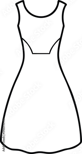 Clean line illustration of a sleeveless womens dress featuring a round neckline and fitted bodice