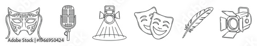A collection of iconic symbols representing performing arts and entertainment including drama masks, a vintage microphone, stage lights, a masquerade mask, and a quill pen, perfect for