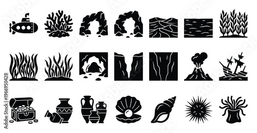 Comprehensive set of marine life and underwater exploration vector icons, perfect for educational resources, game development, or ocean themed graphic projects