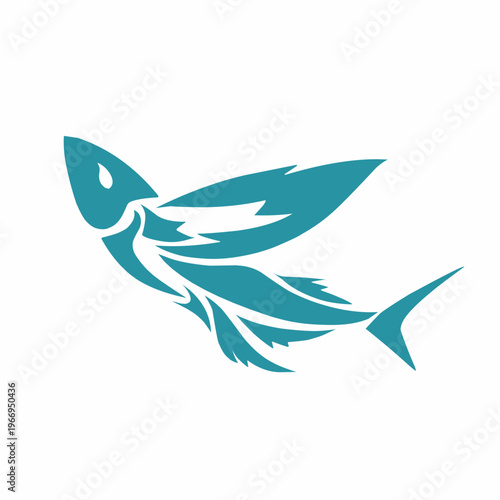 Teal stylized vector flying fish logo, isolated on a white background