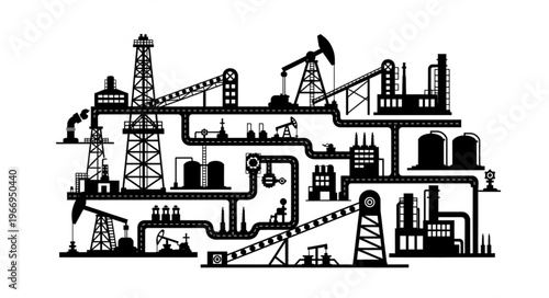 Oil drilling and refinery industrial complex silhouette.