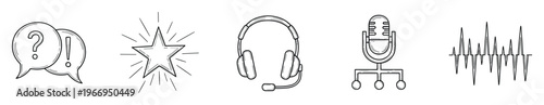 Monochrome hand drawn style icons representing communication, feedback, audio recording, and sound waves are perfect for podcasting, customer service, or online learning applications.
