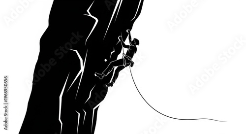Silhouette of a climber ascending a steep rock face.