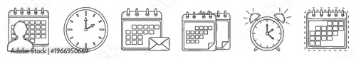 Essential linear icons for managing time effectively, featuring calendars for planning events, clocks for tracking daily schedules, and alarm clocks for setting important reminders, ideal