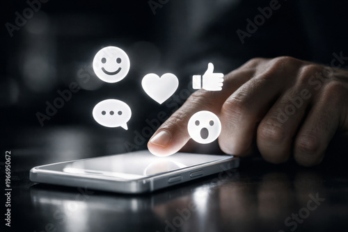 Male Hand Using Smartphone with Floating Emoticon Icons