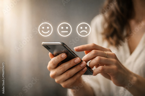 Female Hands Using Smartphone with Floating Rating Emoticons