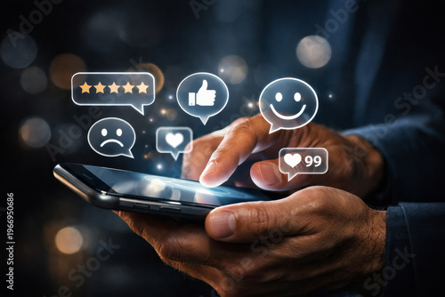 Male Hand Using Smartphone with Floating Emoticons on Dark Background