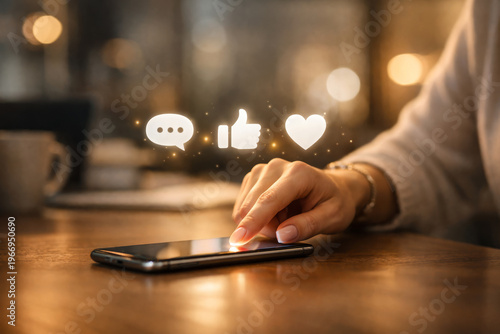 Female Hand Tapping Smartphone with Floating Feedback Icons