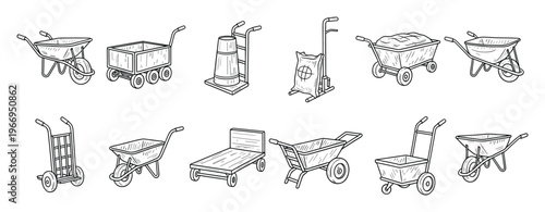 Collection of handdrawn wheeled carts, wheelbarrows, and hand trucks, perfect for conveying themes of transportation, construction, and manual labor in various graphic projects and