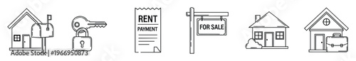 Collection of essential line icons representing real estate transactions including home ownership, rental payments, property for sale, and secure housing concepts, suitable for websites and