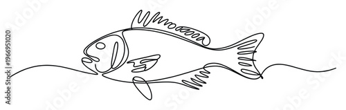 Simple flowing one line drawing of a swimming fish with wavy water lines suitable for nature themed graphic projects marine animal educational materials and ocean conservation promotions.