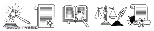 Set of outlined legal symbols depicting a judges gavel, sealed contract, open law book, scales of justice, and a tied scroll for professional court related designs
