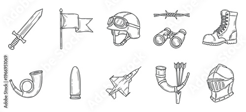 A diverse array of hand drawn war and hunting themed items including sword, flag, helmets, boots, binoculars, fighter jet, bullet, and horns for engaging graphic projects.