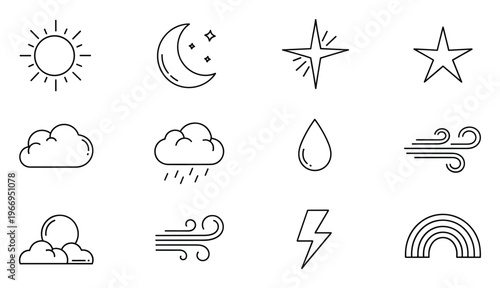 Simple line icons representing various weather conditions and celestial elements useful for mobile apps, website interfaces, infographic designs, or educational materials