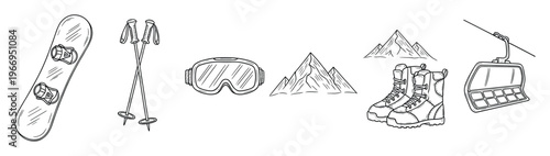 Winter sports equipment collection featuring snowboard ski poles goggles mountains ski boots and a ski lift chair for adventure tourism and outdoor activity promotions