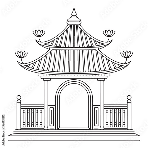 A black and white drawing of a chinese gate
