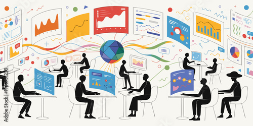 A group of people working on computers with various colorful graphs and charts displayed around them in a modern office setting.