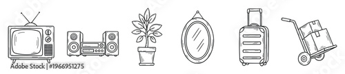 Household belongings, travel gear, and moving equipment in a playful doodle style, ideal for inventory lists, relocation services, or vintage lifestyle concepts.