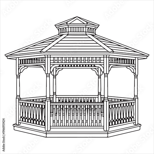 A gazebo with a railing and a roof