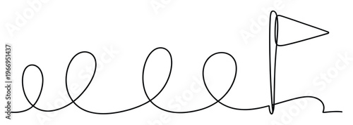 Continuous single line drawing illustrating a winding journey or difficult path to achieve a goal, ideal for representing challenges and success in business presentations or educational