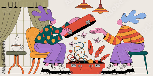 A colorful illustration of two people unpacking a suitcase in a cozy room with vibrant clothing and whimsical elements.